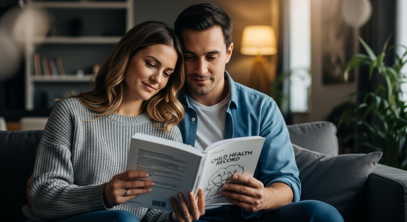 Des parents consultent le carnet de santé pour vérifier les recommandations sur le décalottage du prépuce et le phimosis