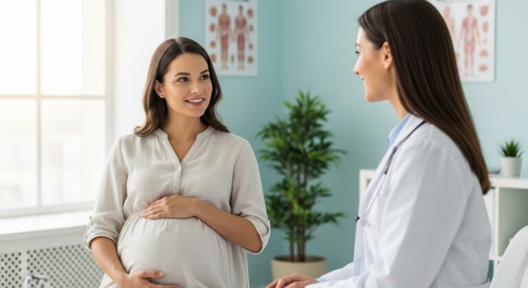 A pregnant woman discusses with her doctor in a bright office to know how to prevent miscarriage serenely