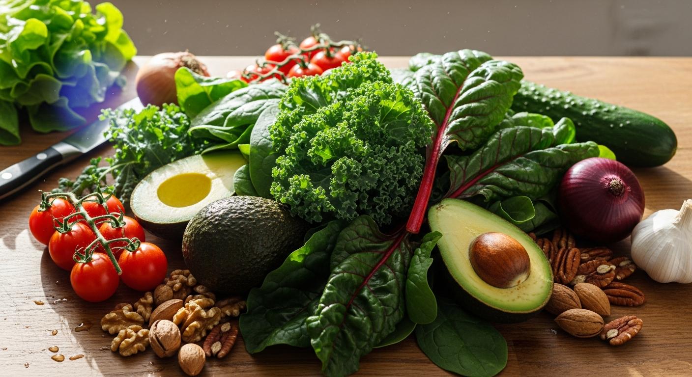 Green vegetables and healthy foods placed on a kitchen table illustrating the ideal diet to prevent miscarriage