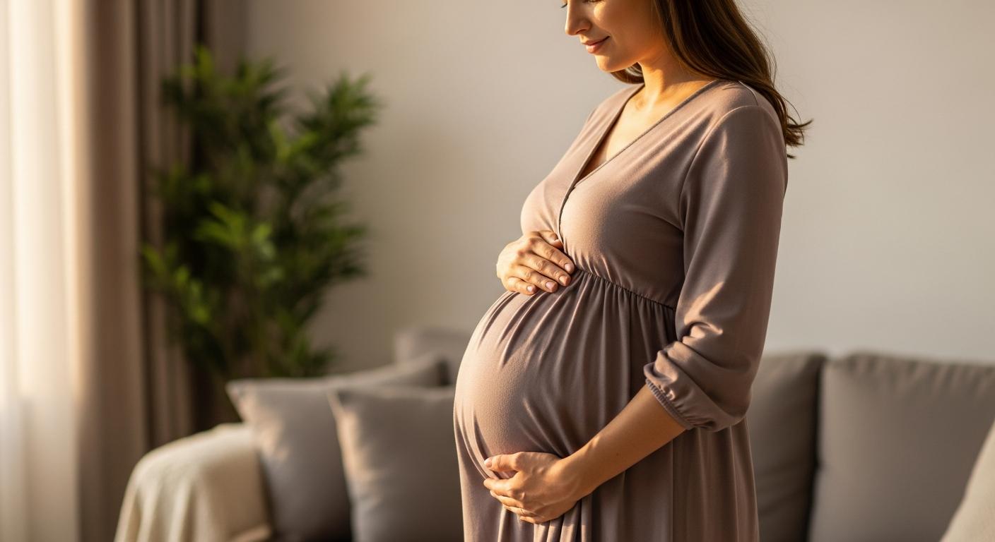 Jeune femme enceinte souriante touchant son ventre illustrant une primipare grossesse épanouie