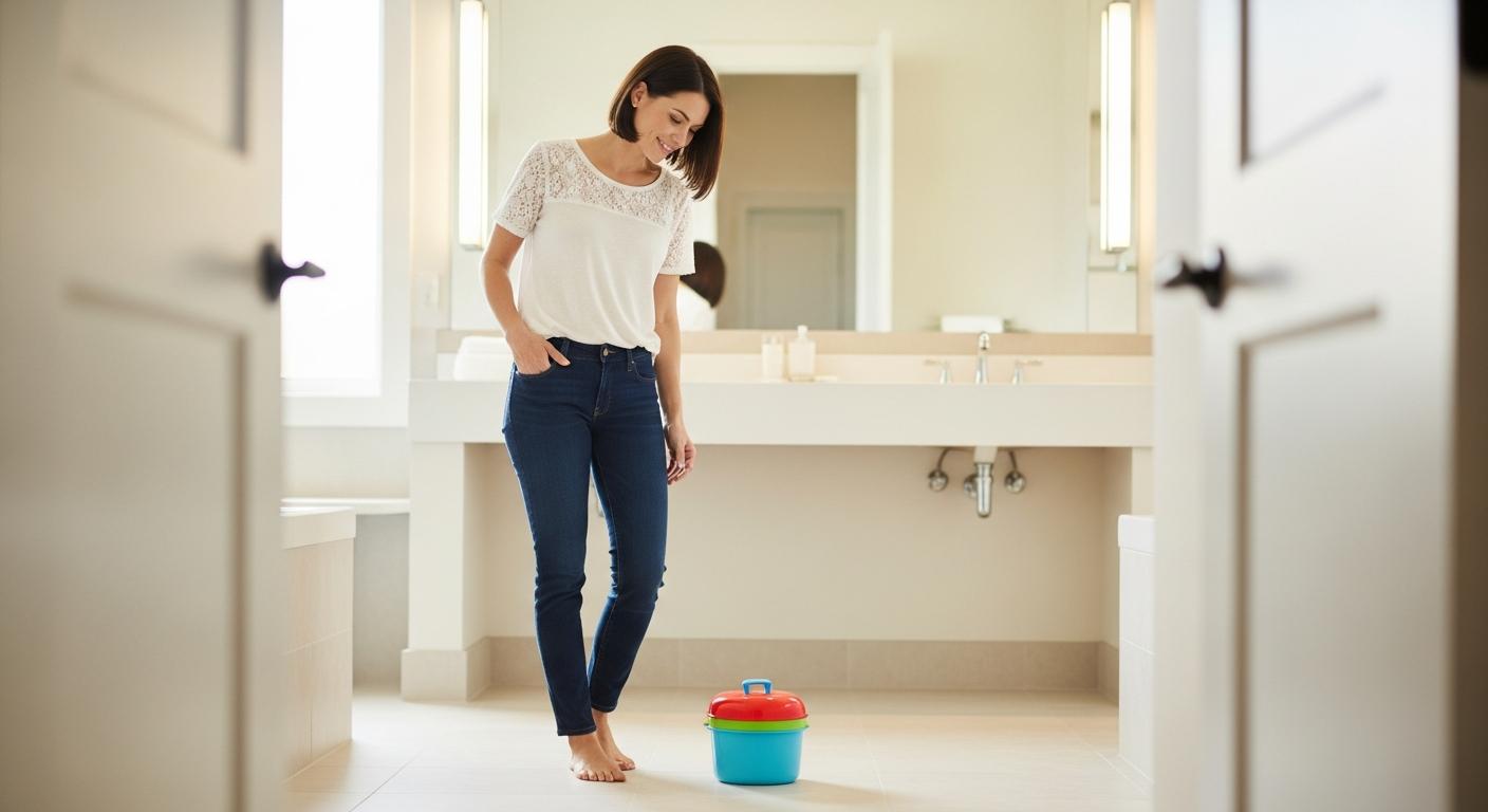 Une maman souriante prépare la salle de bain avec un pot pour l'apprentissage de la proprete enfant.