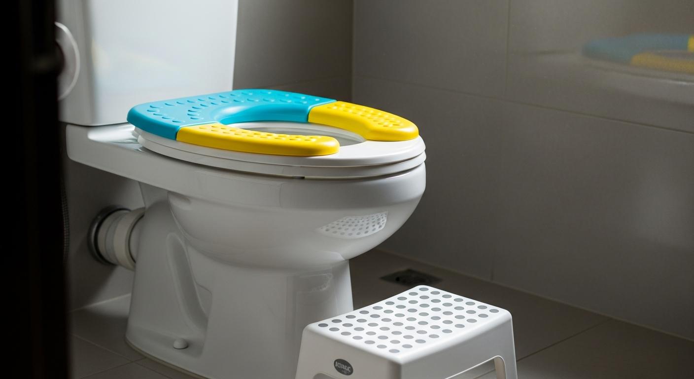 Un réducteur de toilette coloré et un marchepied installés pour faciliter la proprete enfant.