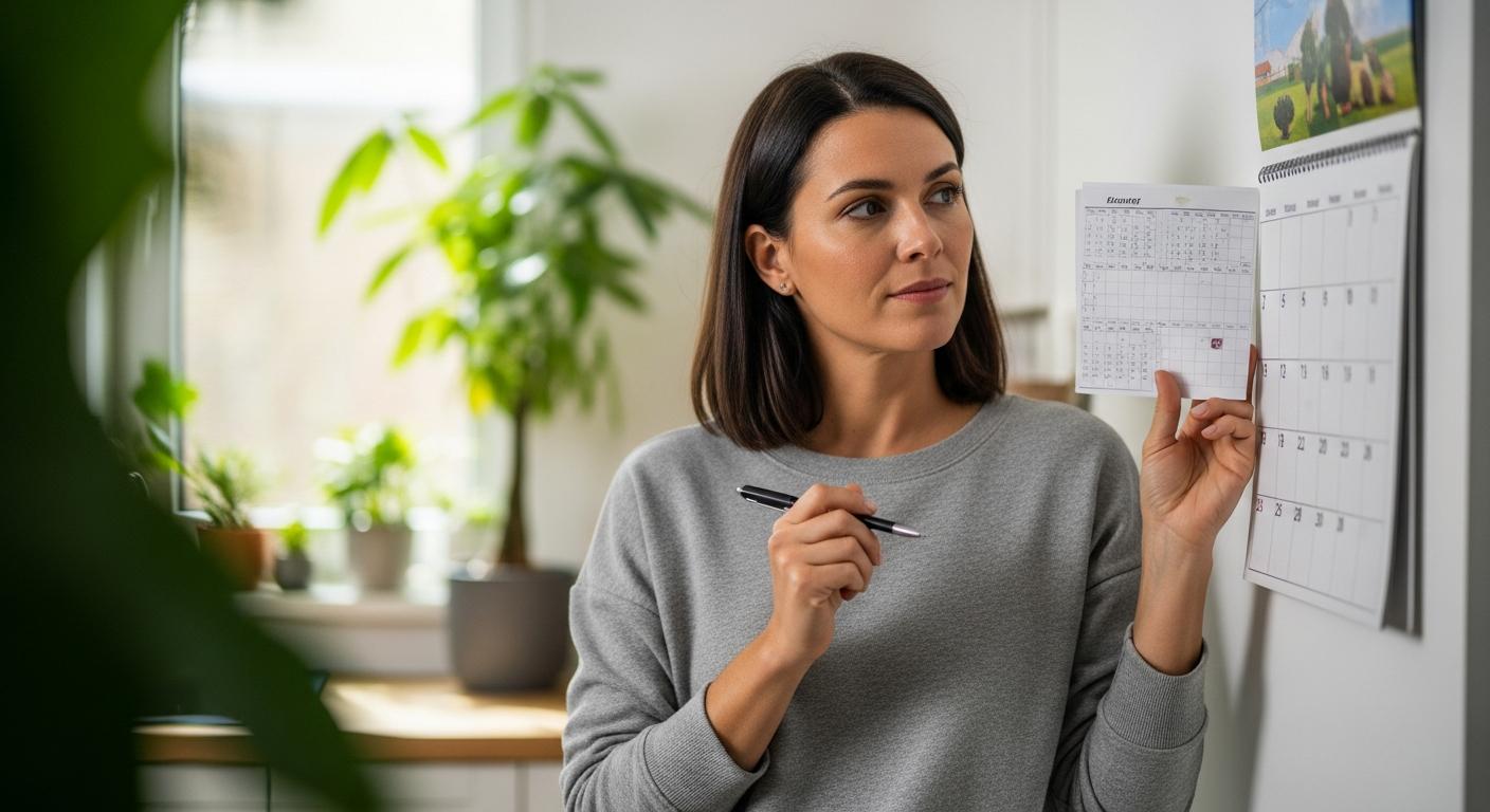 Une femme enceinte consultant un calendrier dans sa cuisine pour choisir le moment quand annoncer grossesse.