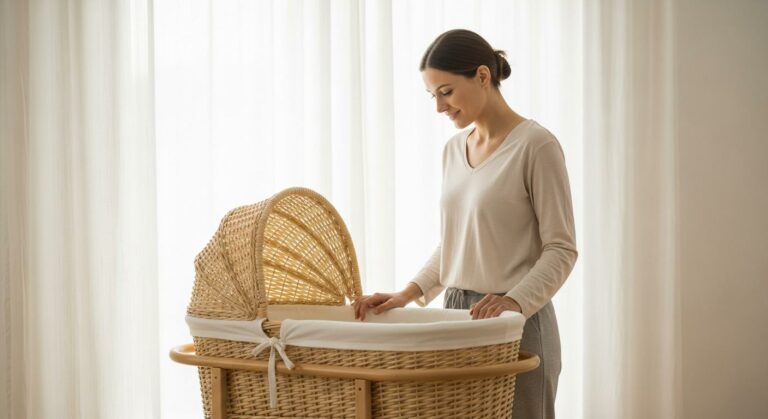 Une jeune maman veille attentivement sur la respiration bébé pendant la sieste dans un berceau en osier