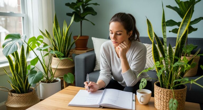 A young woman checks her planner in a bright living room to track her cycle and return of menstruation.