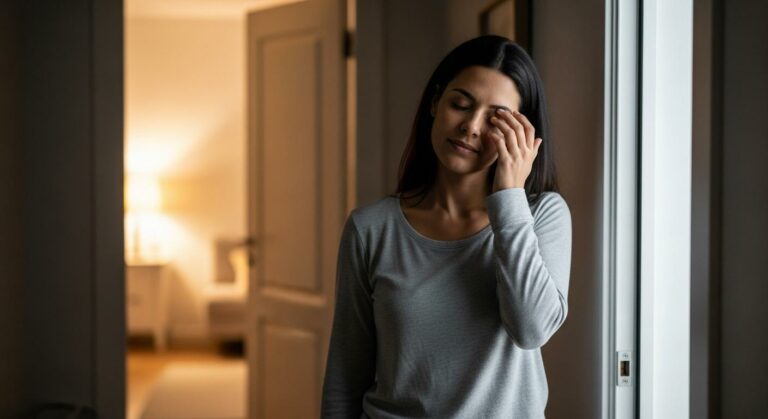 Une jeune maman fatiguée en pyjama confortable dans un couloir sombre illustrant la gestion du réveil nocturne bébé