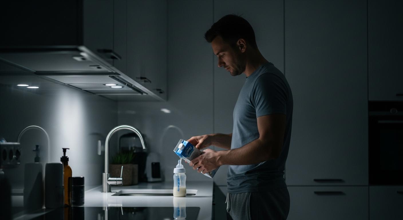 Un papa préparant calmement un biberon de lait dans une cuisine tamisée lors d'un réveil nocturne bébé