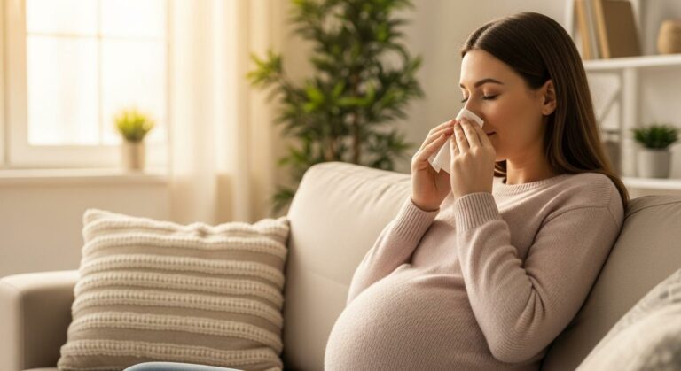 Femme enceinte tenant un mouchoir illustrant le sujet des saignements nez enceinte