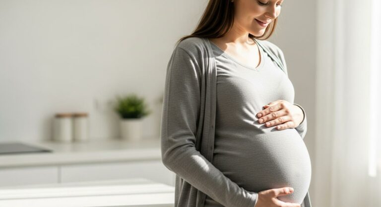 Une future maman épanouie dans une cuisine propre symbolisant la prévention de la salmonellose grossesse