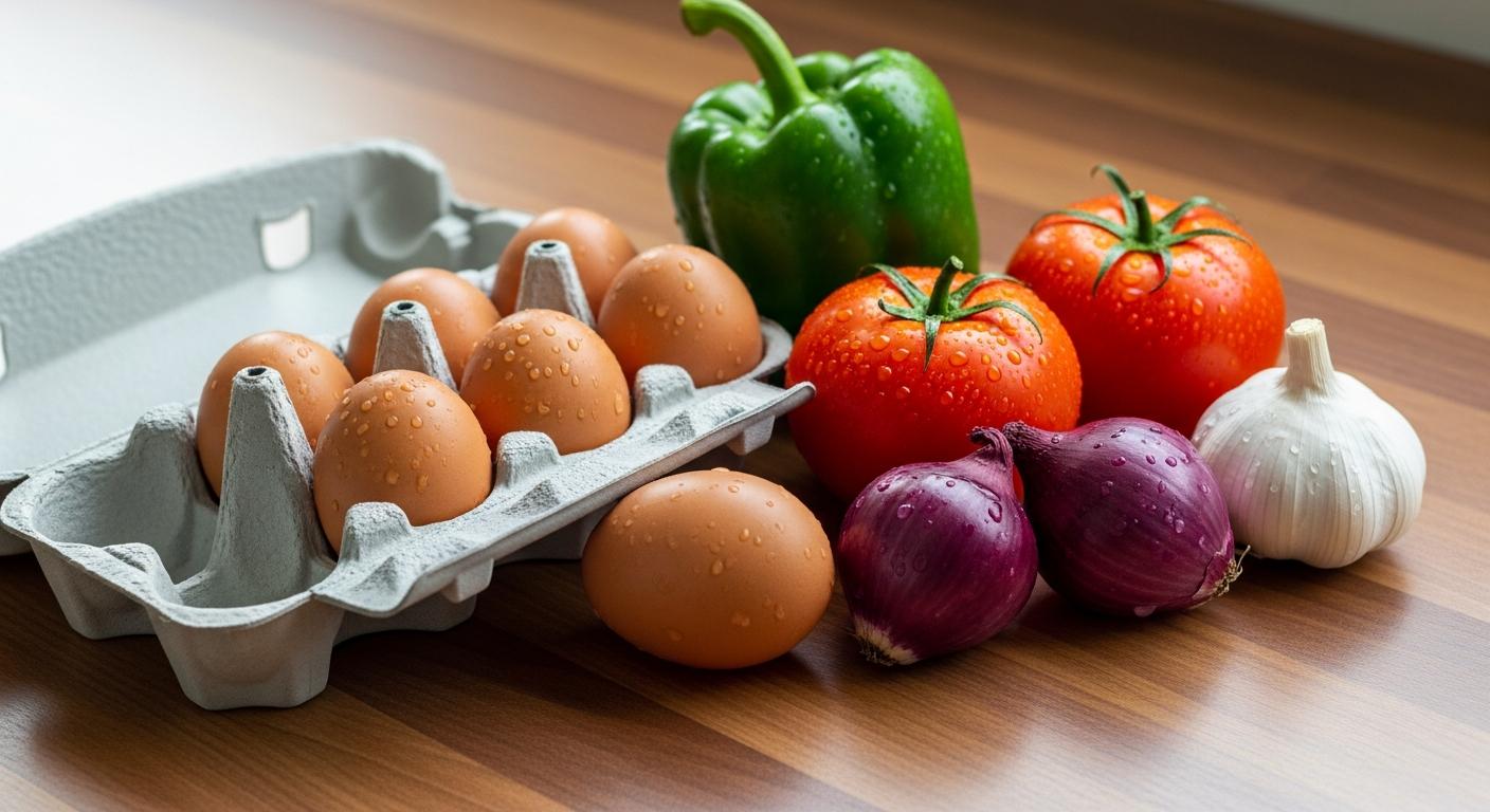 Des œufs frais et des légumes préparés pour la cuisson afin d éviter la salmonellose grossesse