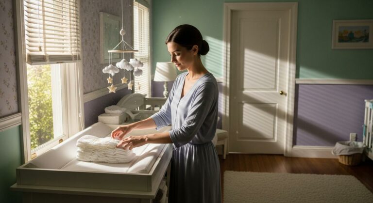 Une maman dans une chambre d'enfant range des couches propres, illustrant la gestion des selles bébé au quotidien.