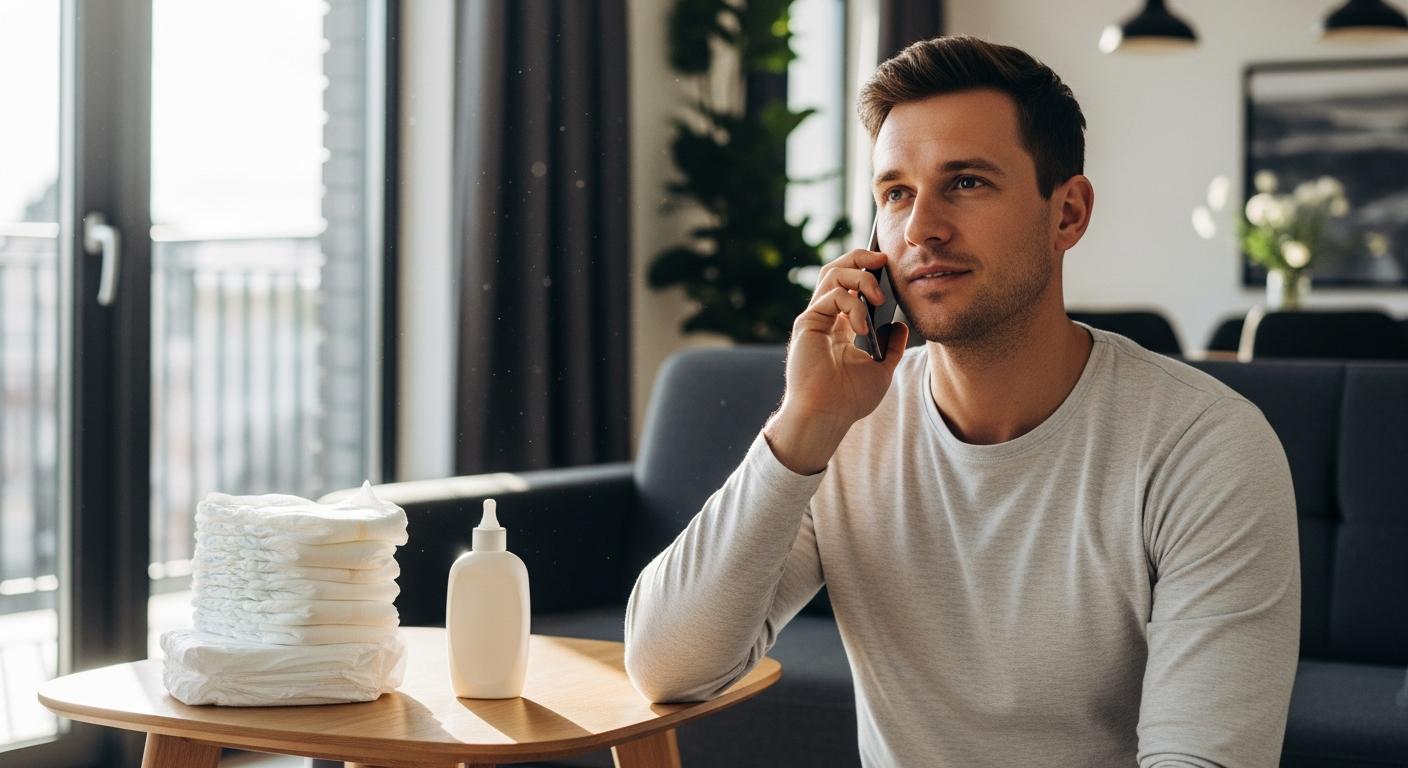 Un père téléphone au pédiatre près d'une pile de couches pour discuter de l'aspect des selles bébé.