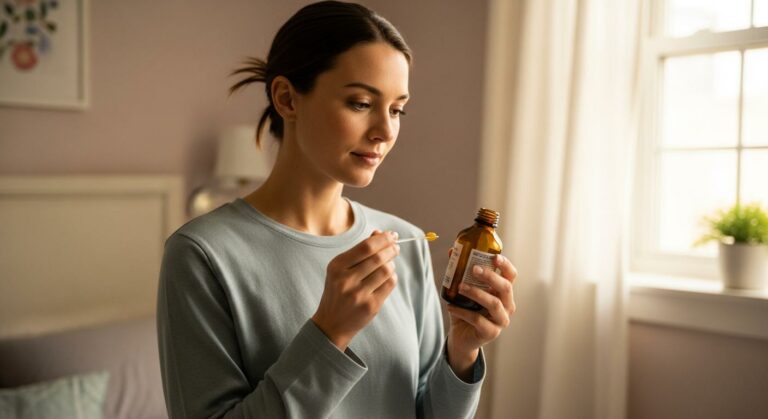 A mother carefully examining a bottle of baby cough syrup in a bright bedroom