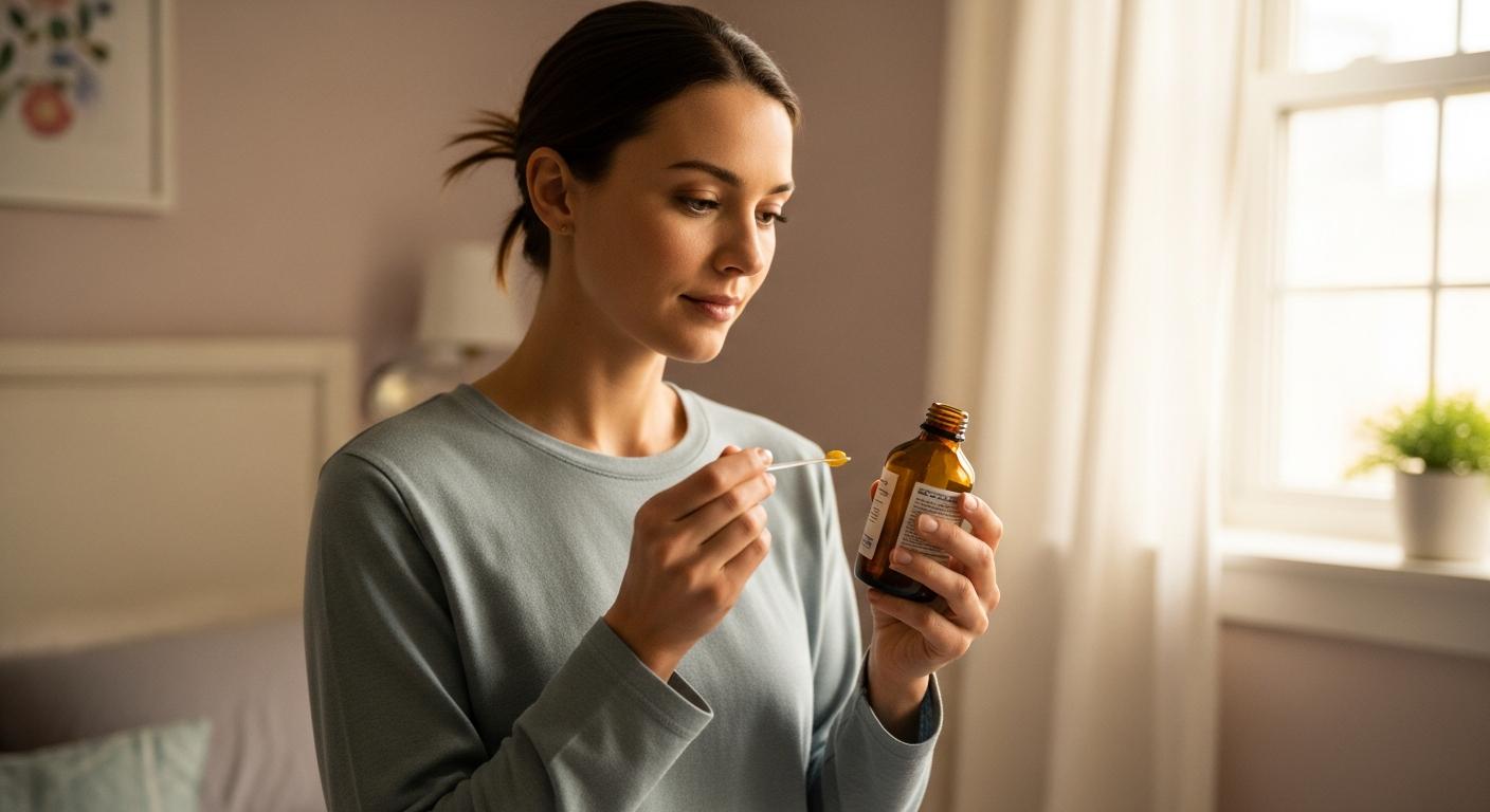 A mother carefully examining a bottle of baby cough syrup in a bright bedroom