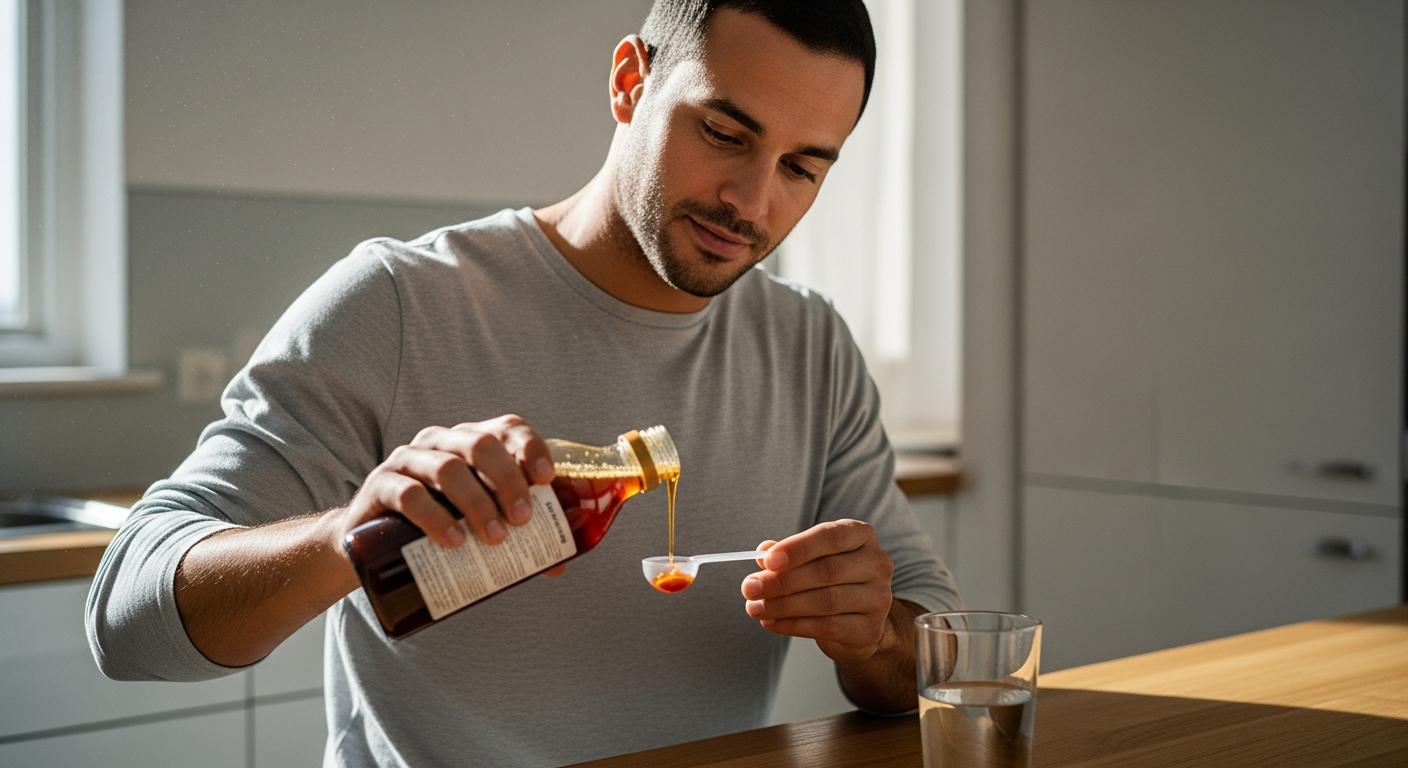 A father pouring a dose of baby cough syrup into a spoon in a modern kitchen