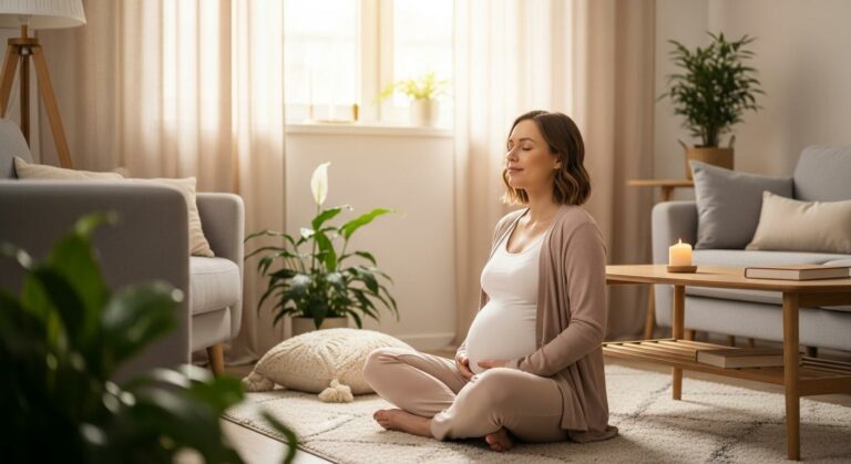Femme enceinte pratiquant une séance de sophrologie grossesse assise dans son salon pour se détendre