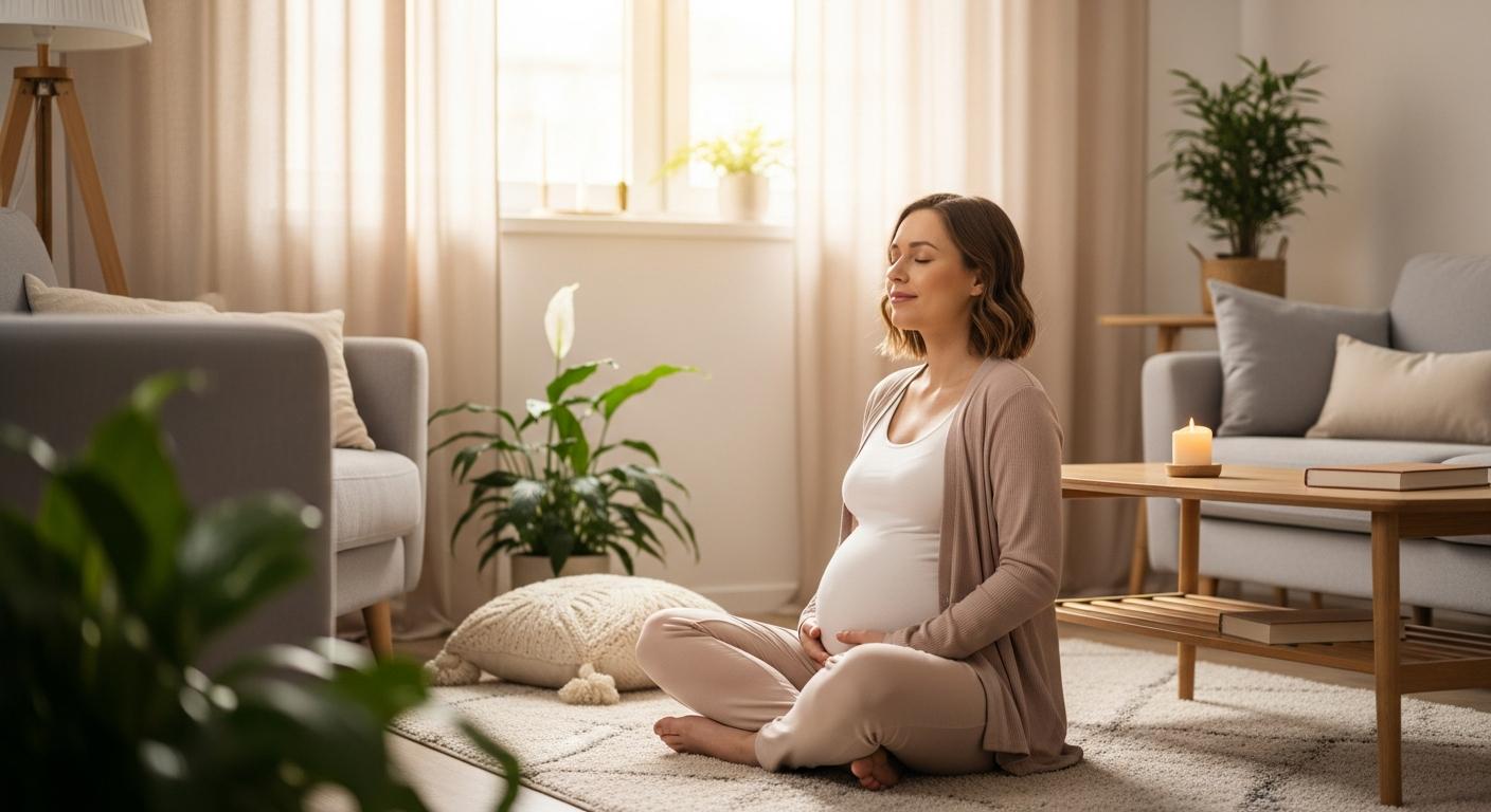 Femme enceinte pratiquant une séance de sophrologie grossesse assise dans son salon pour se détendre