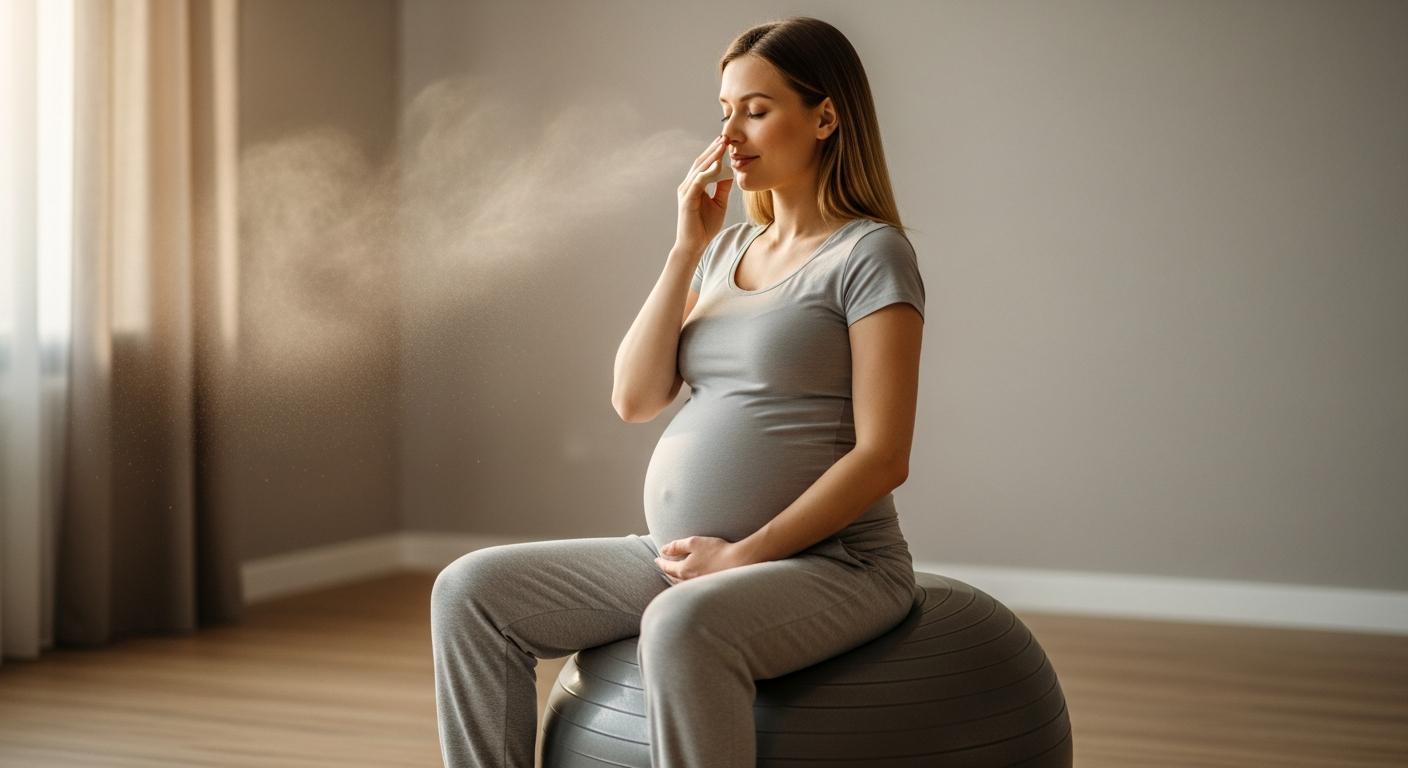 Future maman sur un ballon de gym faisant des exercices de respiration liés à la sophrologie grossesse