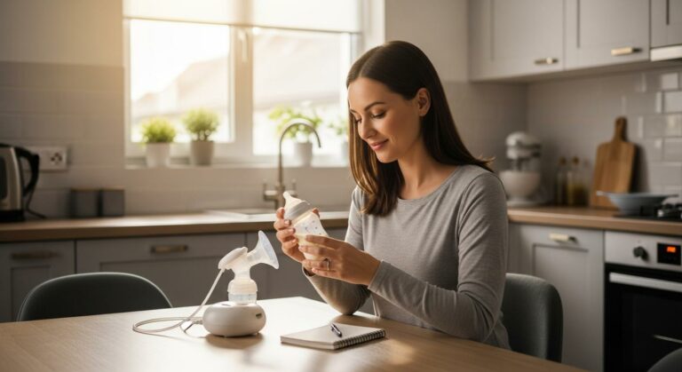 Une mère souriante dans une cuisine lumineuse préparant un biberon de lait à côté d'un tire-lait manuel illustrant la gestion du tableau quantité lait maternel bébé.