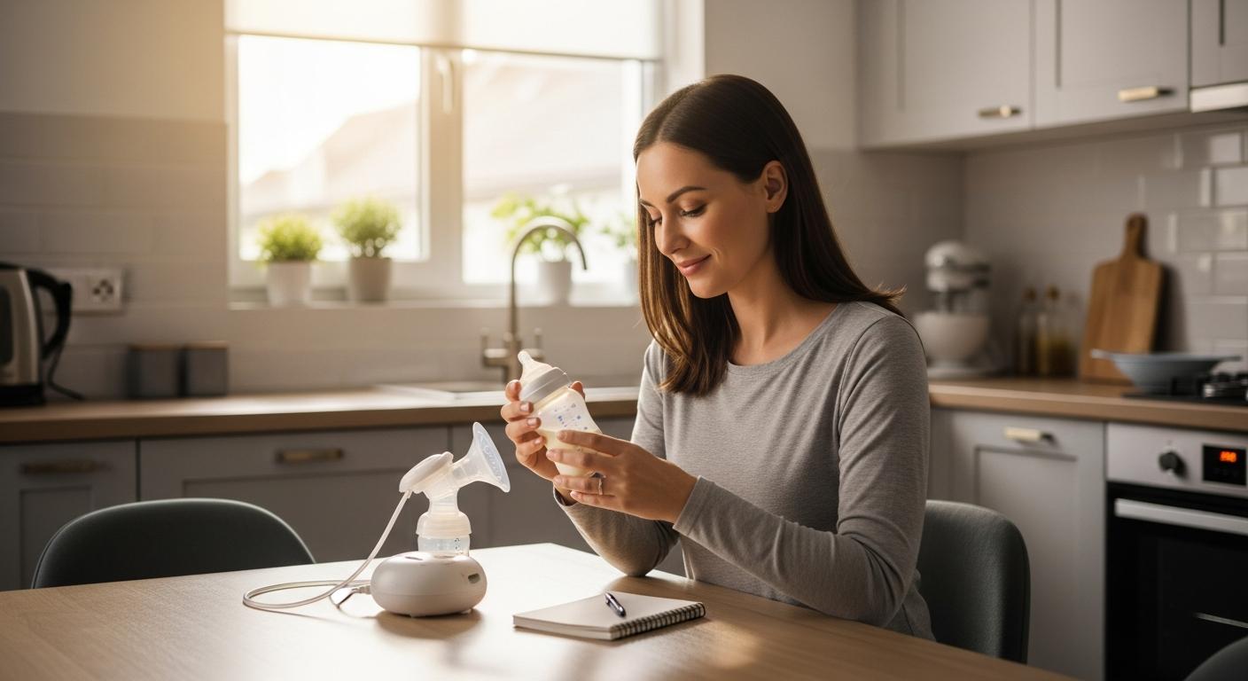 Une mère souriante dans une cuisine lumineuse préparant un biberon de lait à côté d'un tire-lait manuel illustrant la gestion du tableau quantité lait maternel bébé.