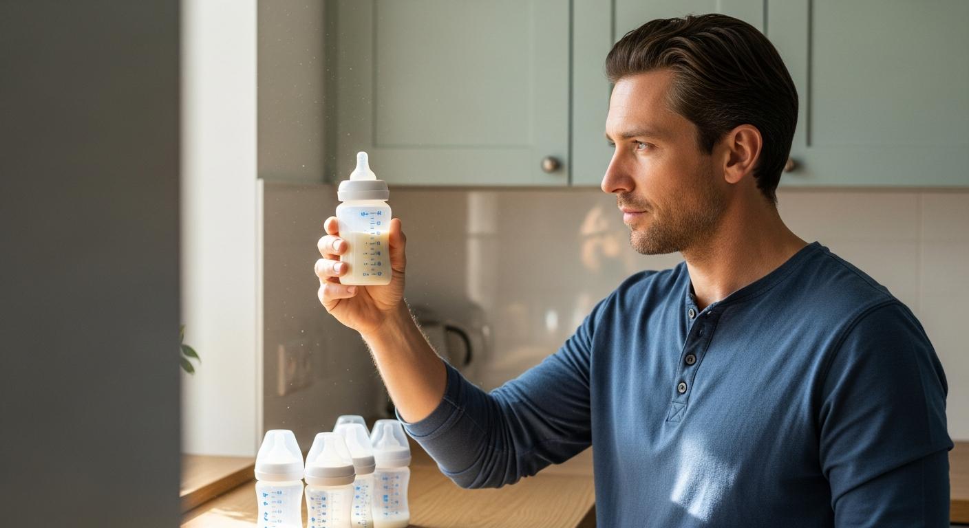 Un jeune père attentif vérifiant le niveau de liquide dans un biberon dans une cuisine pour suivre les recommandations du tableau quantité lait maternel bébé.