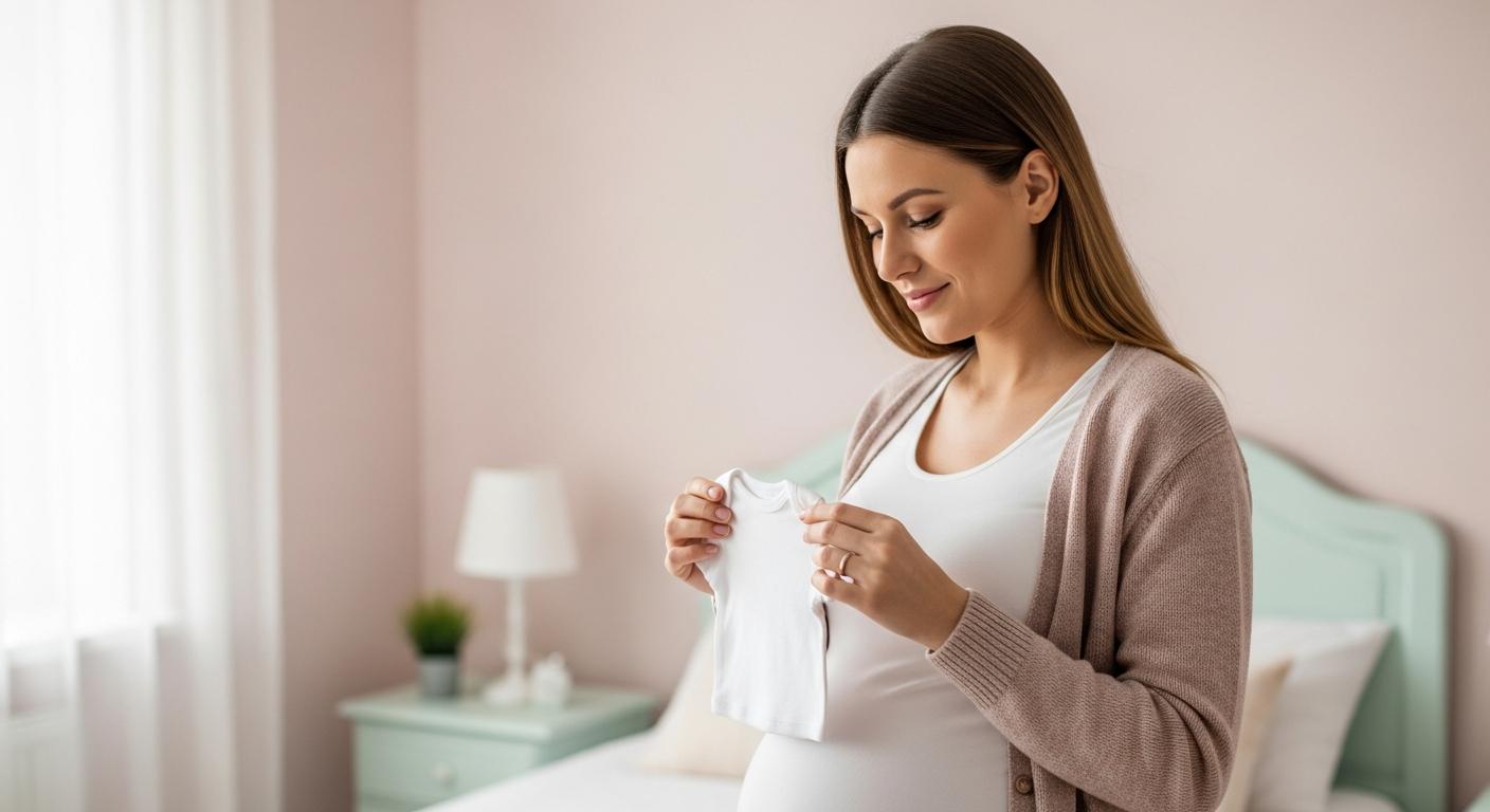 Une future maman tient un petit body dans une chambre lumineuse illustrant la petite taille bébé à la naissance.
