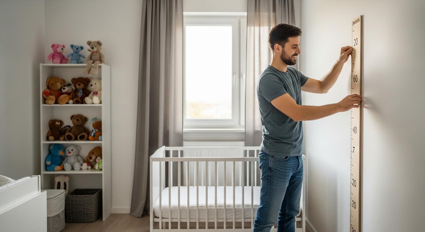 Un père fixe une toise murale dans une chambre d enfant pour préparer le suivi de la taille bébé.