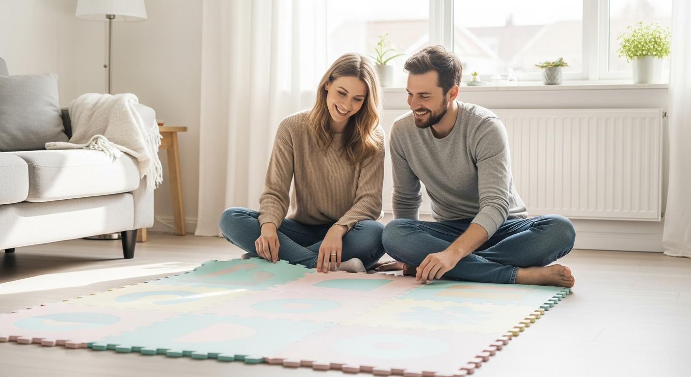 Parents setting up a large comfortable motor skills mat in a bright living room