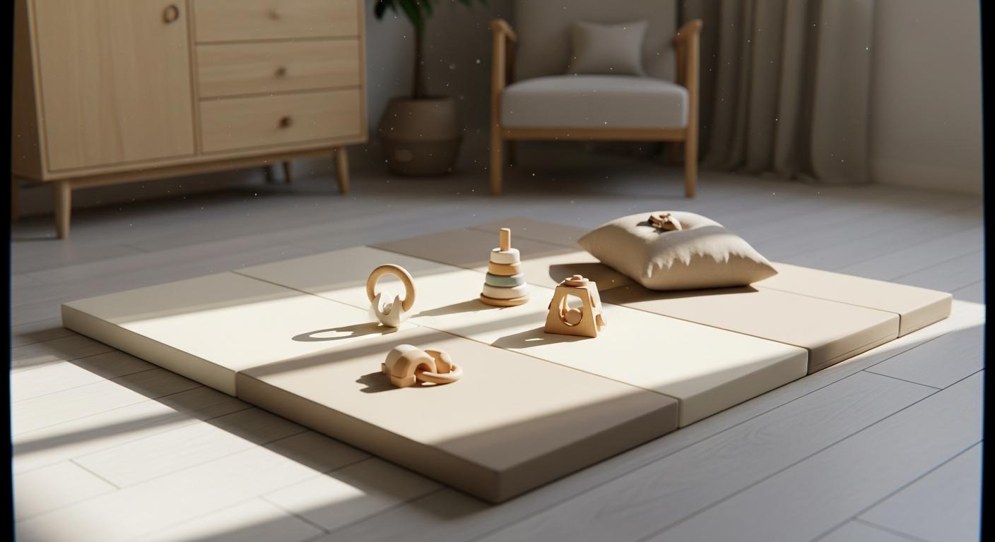 Thick motor skills mat unfolded on a wooden floor with developmental toys