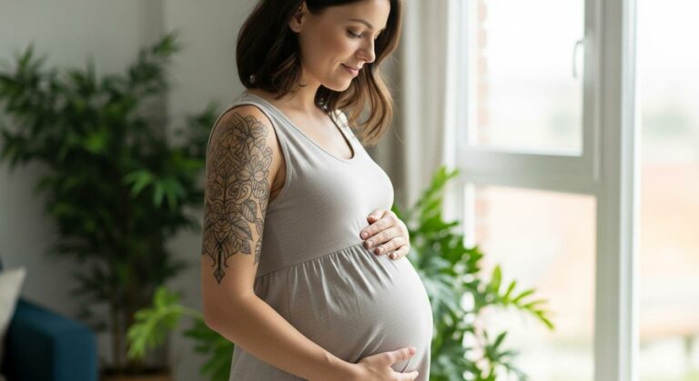 A radiant mom-to-be touching her belly with a visible pregnant tattoo on her arm in a bright living room.