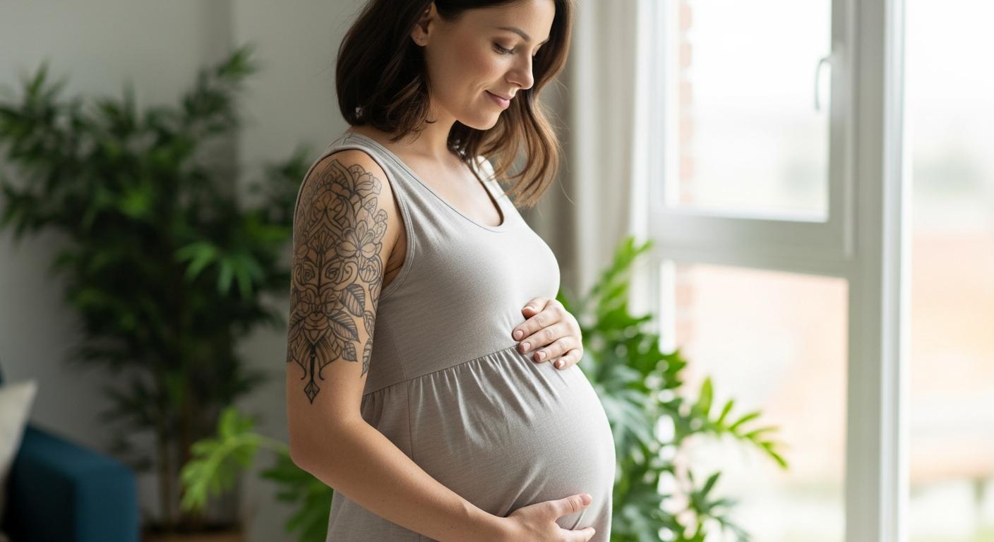 A radiant mom-to-be touching her belly with a visible pregnant tattoo on her arm in a bright living room.