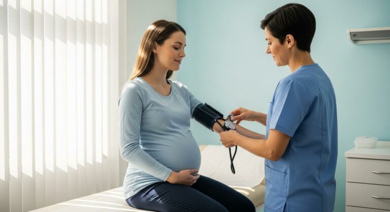 Une femme enceinte en consultation médicale pour faire vérifier sa tension grossesse par un professionnel de santé