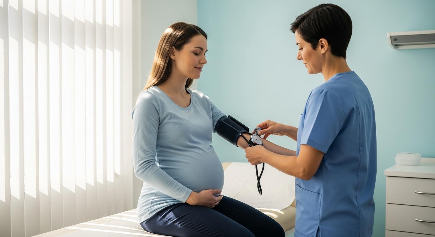 Une femme enceinte en consultation médicale pour faire vérifier sa tension grossesse par un professionnel de santé