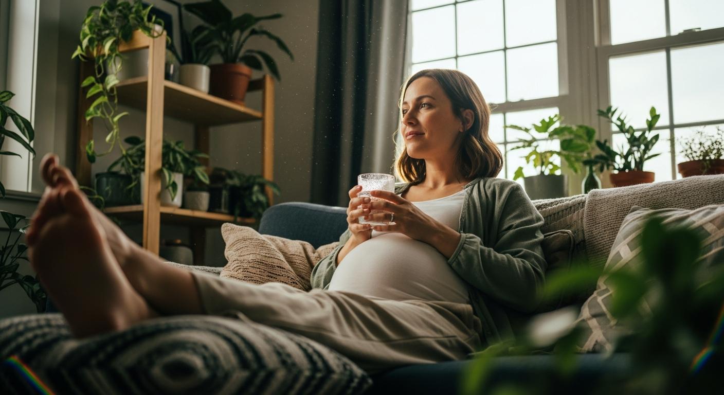 Une future maman se repose sur son canapé avec un verre d eau pour maintenir une bonne tension grossesse