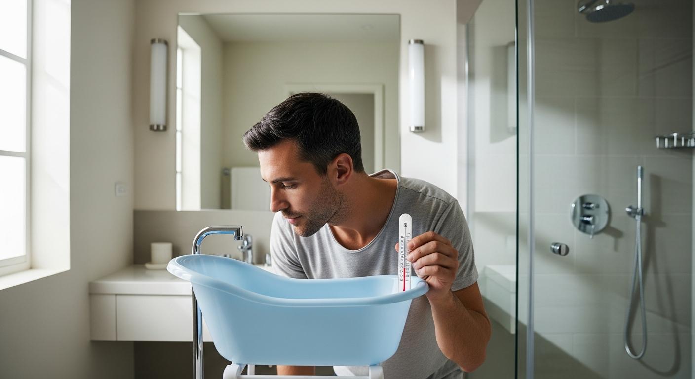 Un papa vérifie la température de l'eau dans une petite baignoire vide pour préparer la toilette quotidienne bébé dans la salle de bain
