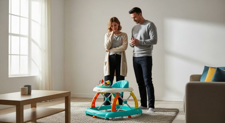 A couple of parents looking at an empty walker in their living room considering the baby walker what age is appropriate to start