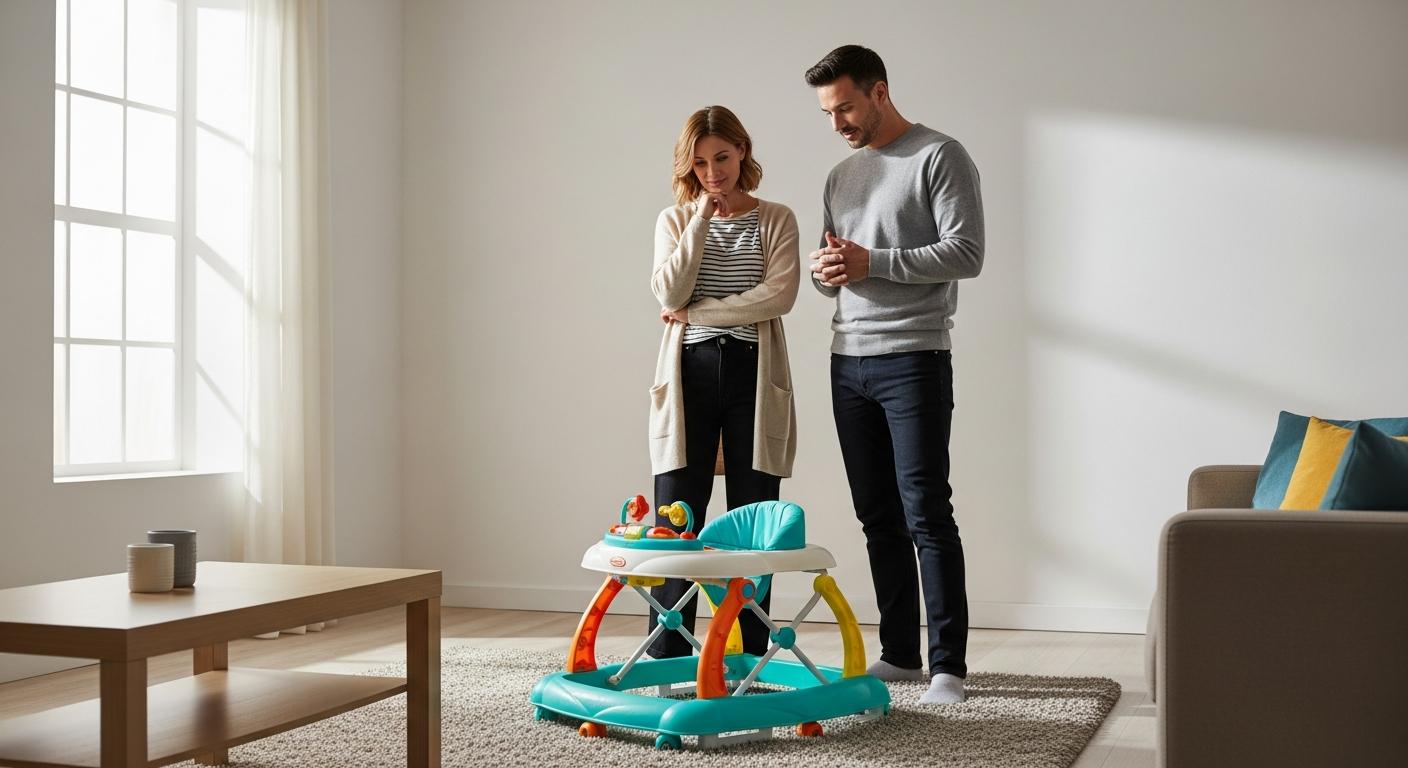 A couple of parents looking at an empty walker in their living room considering the baby walker what age is appropriate to start