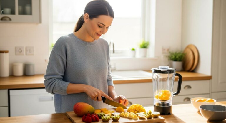 A woman prepares fruits of different textures in a bright kitchen to adapt meals to oral disorder.