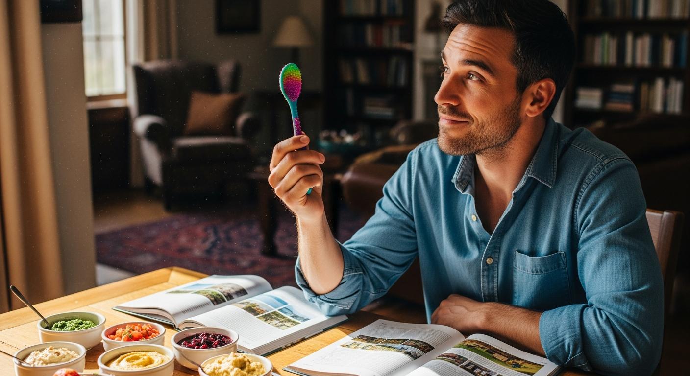 A man examines a textured sensory spoon used for the rehabilitation of oral disorder in children.