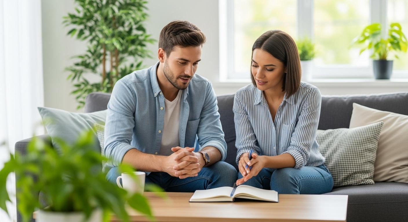 Un couple de parents discutant calmement dans un salon lumineux pour gérer un trouble mentaux enfant.