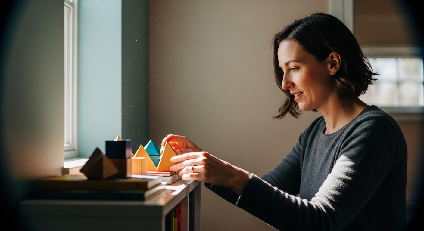 Une femme organisant des jeux éducatifs dans une chambre pour aider en cas de trouble mentaux enfant.