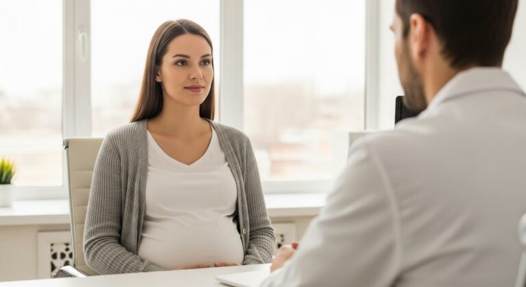 Femme enceinte discutant avec un médecin à propos du vaccin coqueluche grossesse dans un cabinet médical