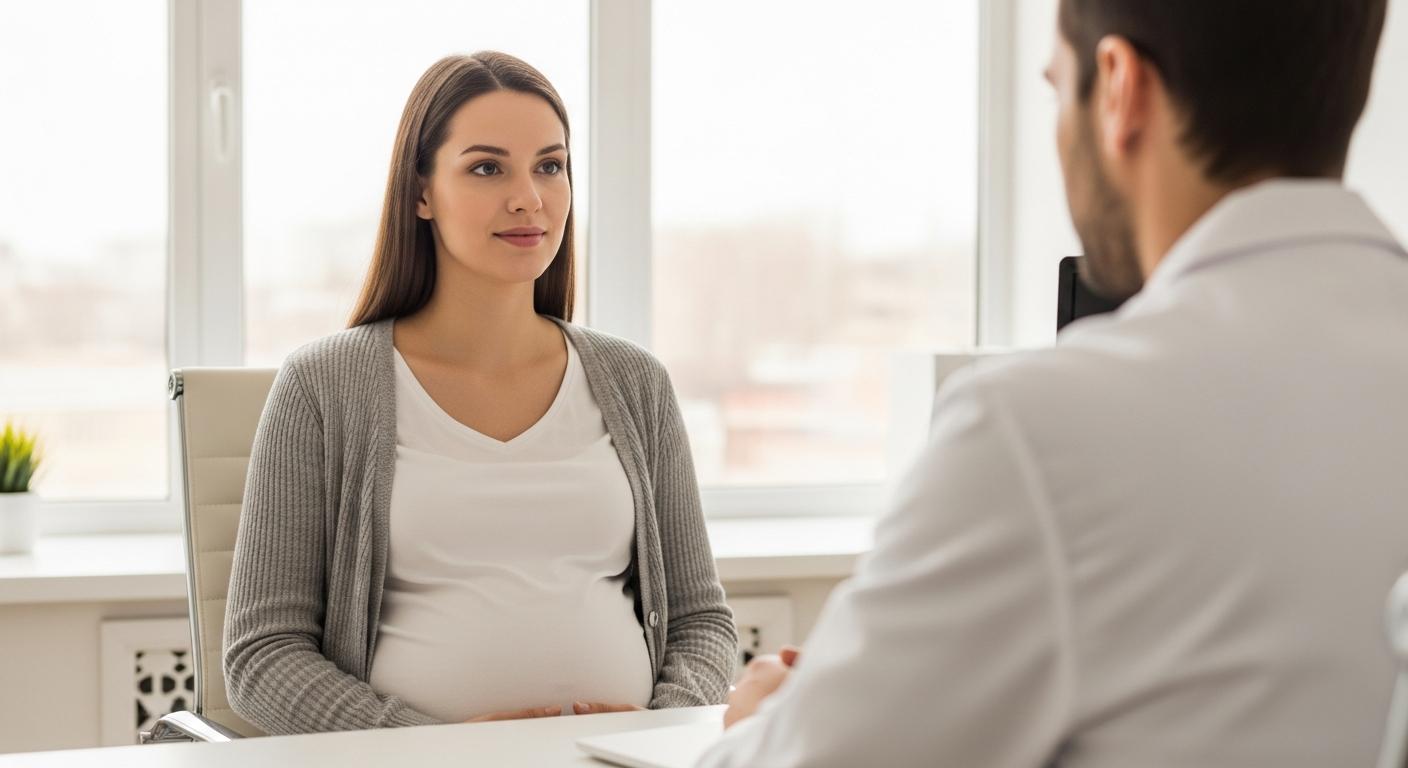 Femme enceinte discutant avec un médecin à propos du vaccin coqueluche grossesse dans un cabinet médical