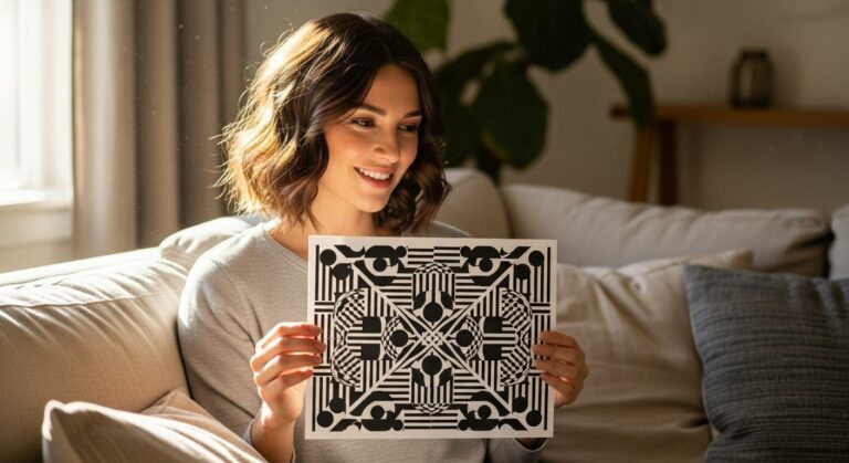 A mother holding a high contrast black and white card to stimulate baby vision development
