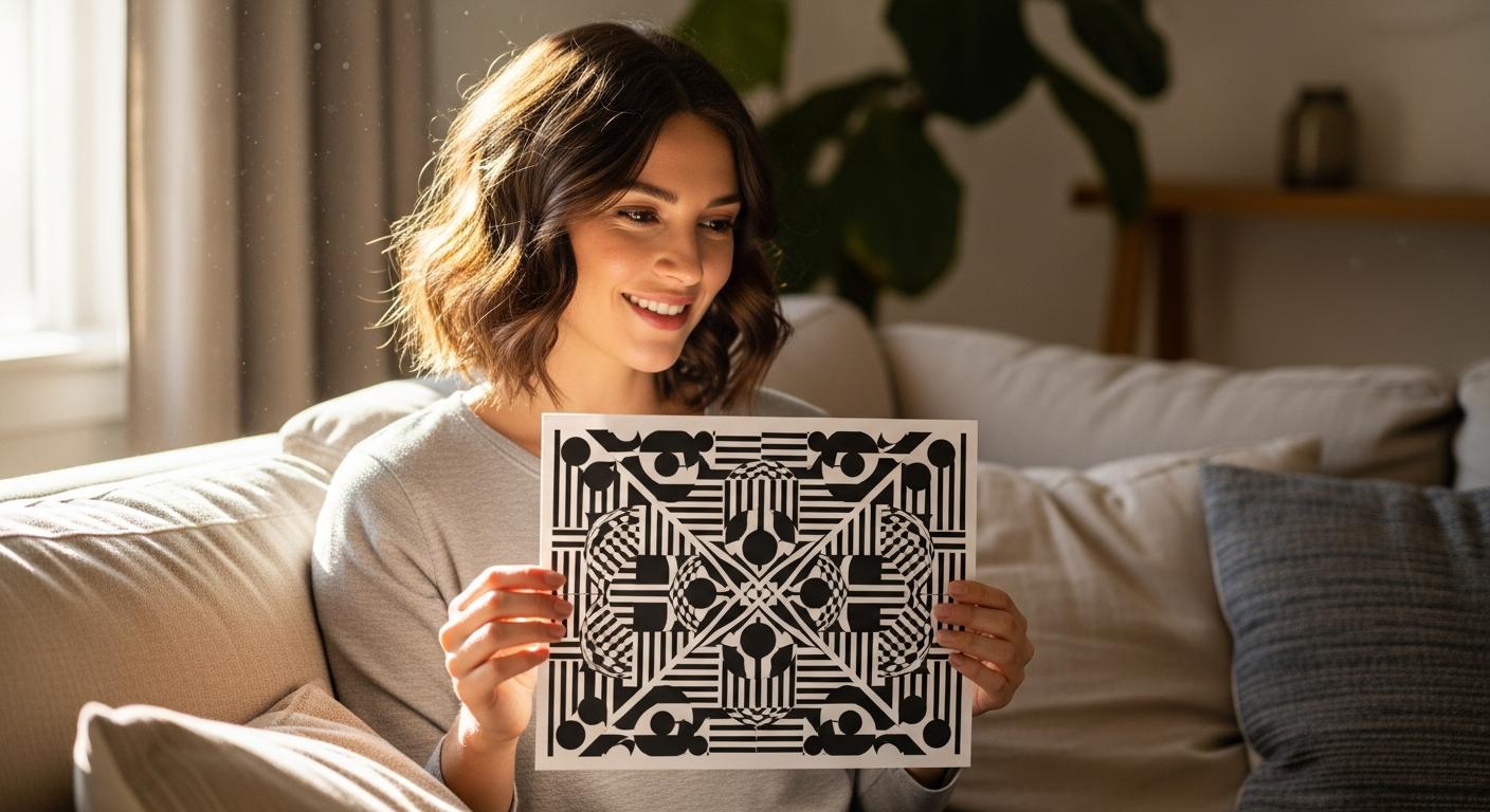 A mother holding a high contrast black and white card to stimulate baby vision development