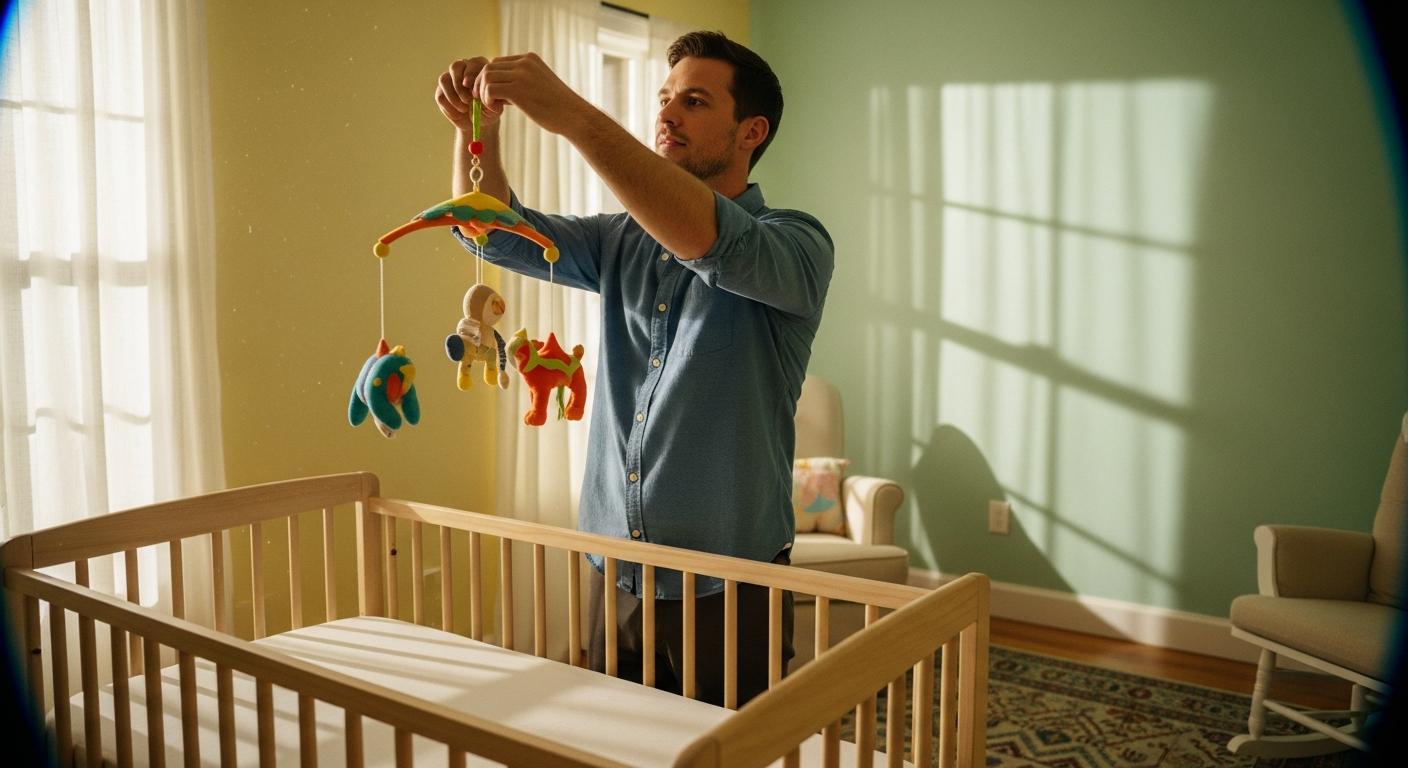 A father adjusting a colorful mobile above an empty crib to help with baby vision tracking