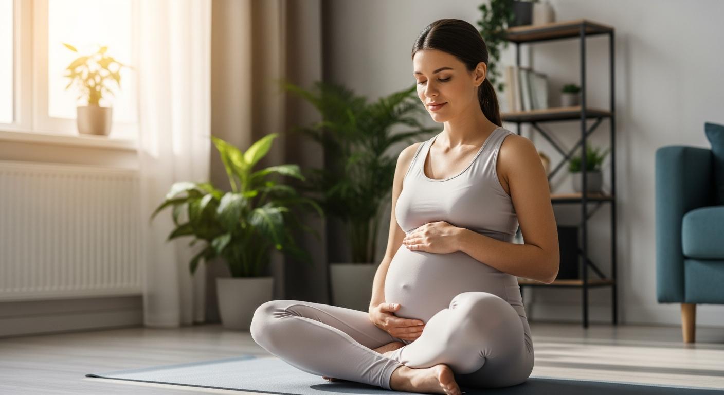 Femme enceinte sereine en position du lotus pratiquant le yoga prénatal dans son salon