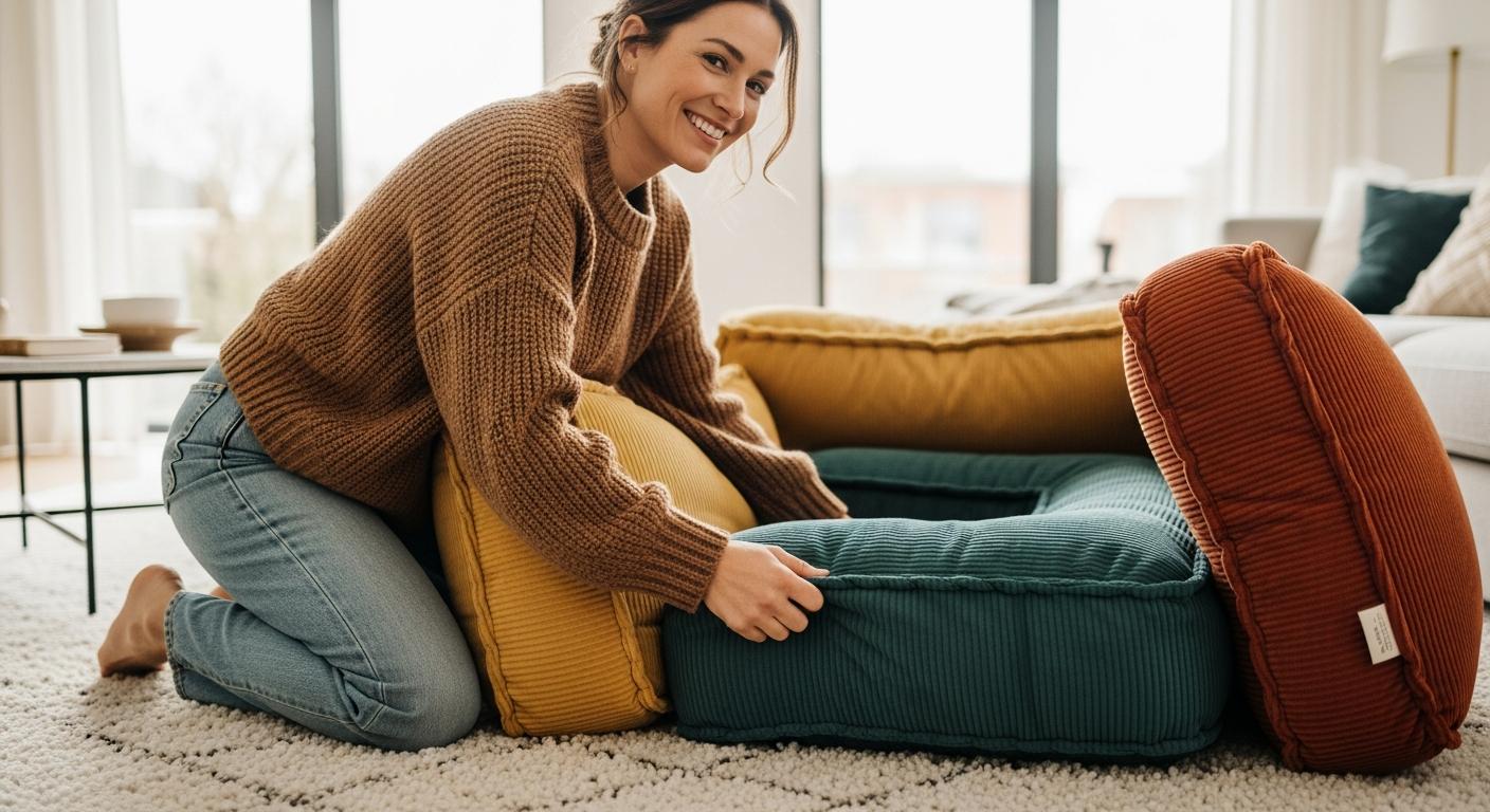 A smiling woman arranges cushions on a floor mat to create a safe play area, illustrating the stage of at what age baby sits up.