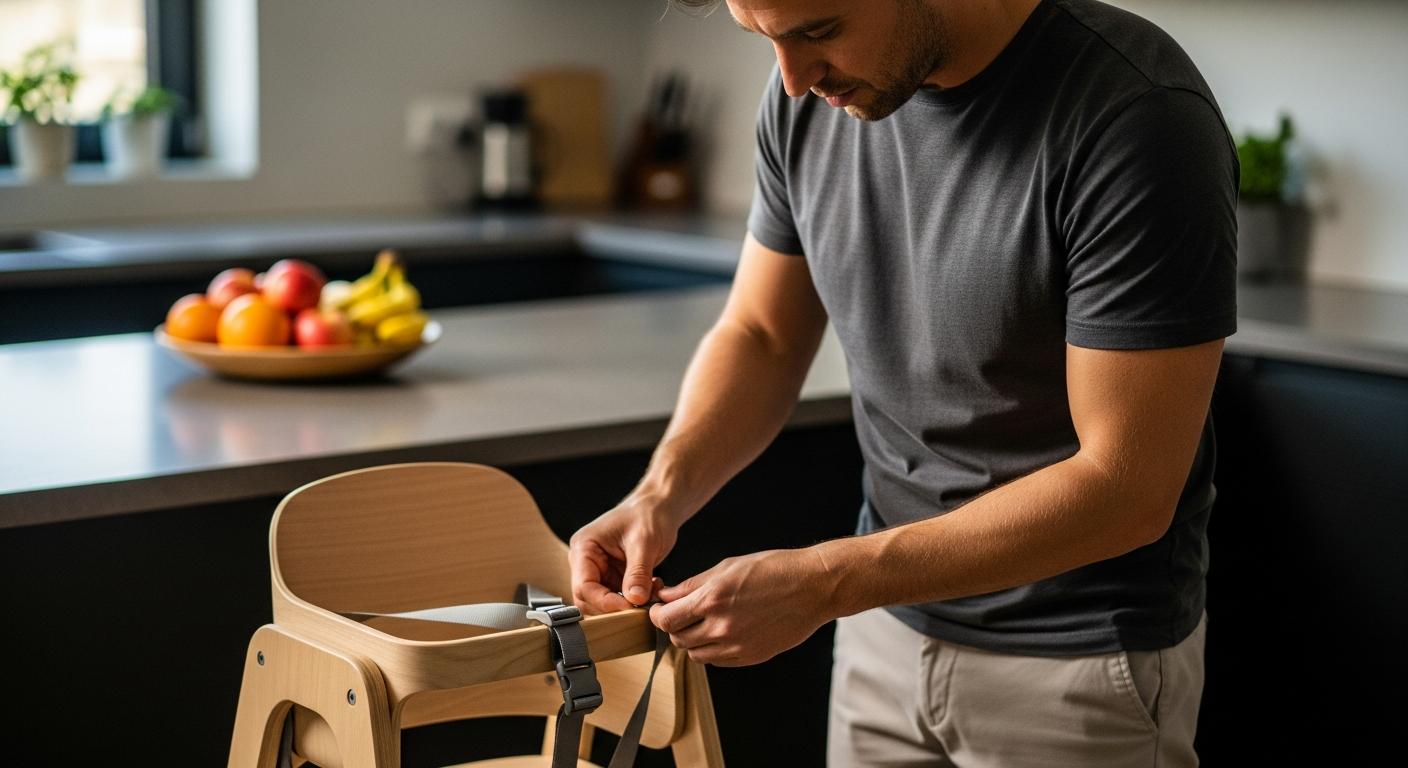 A father adjusts the safety harness of an empty wooden high chair in a kitchen, suitable equipment for the moment at what age baby sits up.