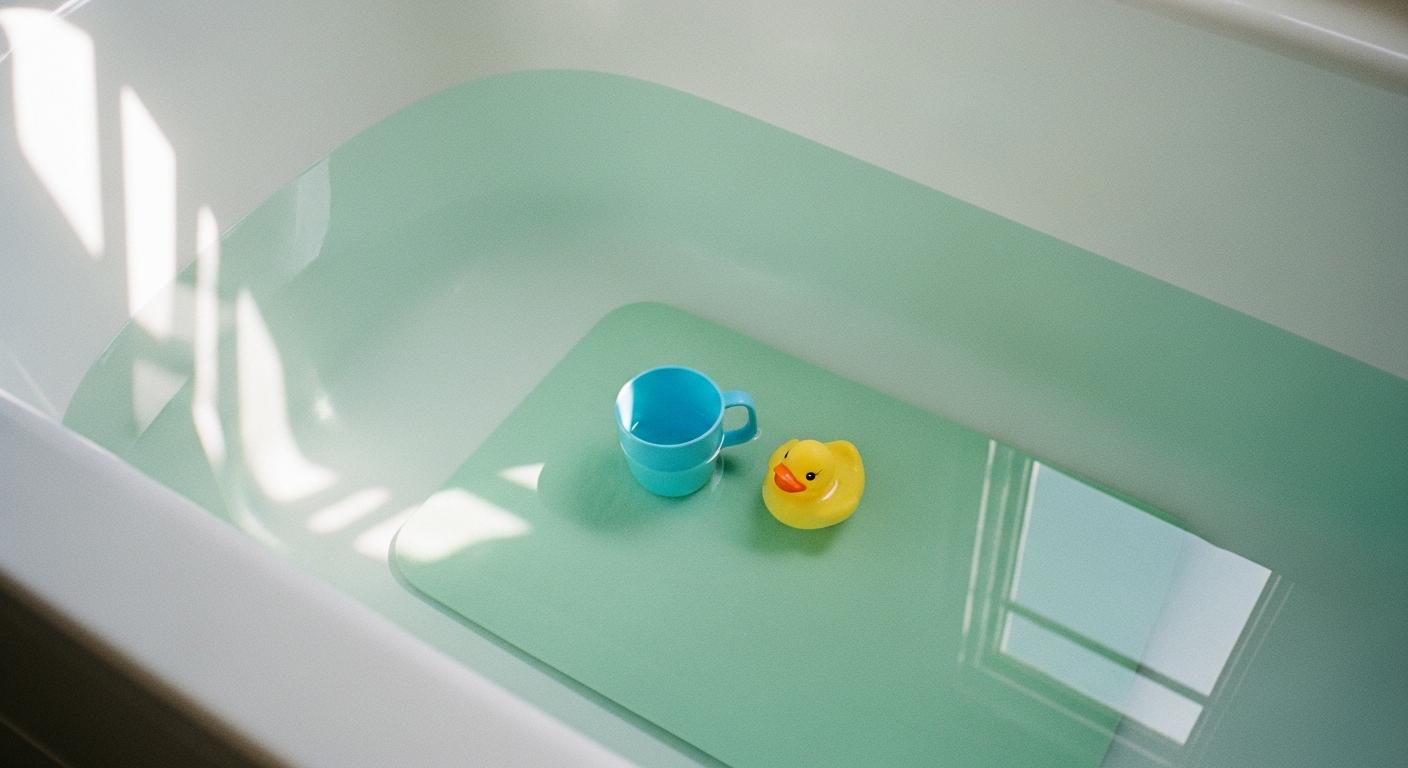 Zoom sur le fond de la baignoire avec peu d'eau et des jouets adaptés au bain libre bébé
